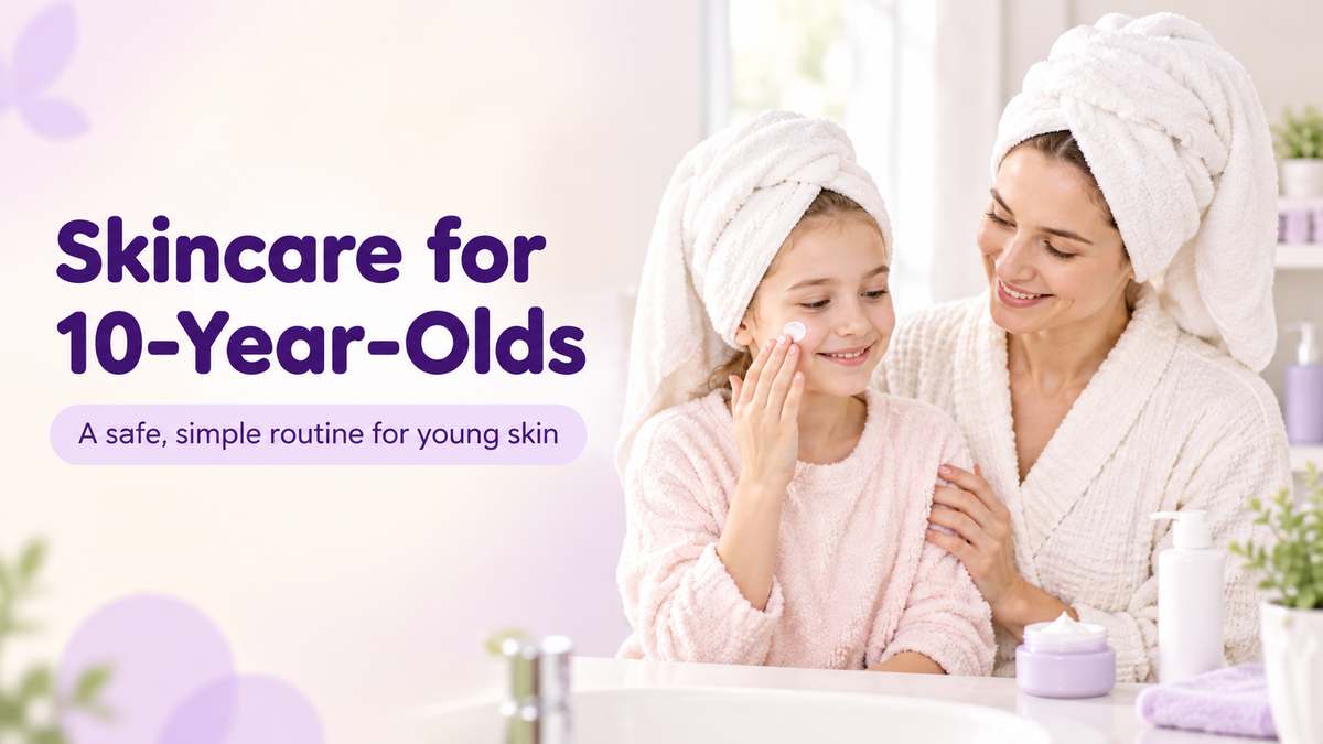 Mother helping her 10-year-old daughter follow a gentle skincare routine.