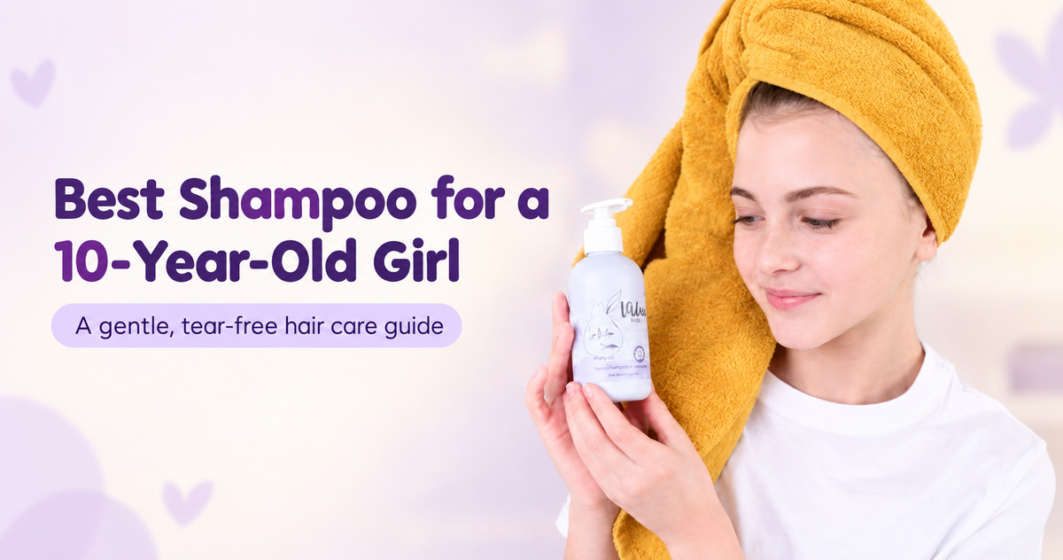 Girl with a towel on her hair holding Lav Kids Gentle Care Shampoo