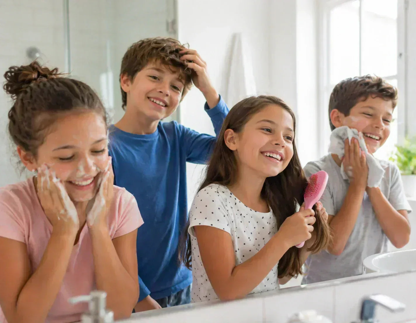 Happy teenagers practicing daily self-care routine in a bathroom