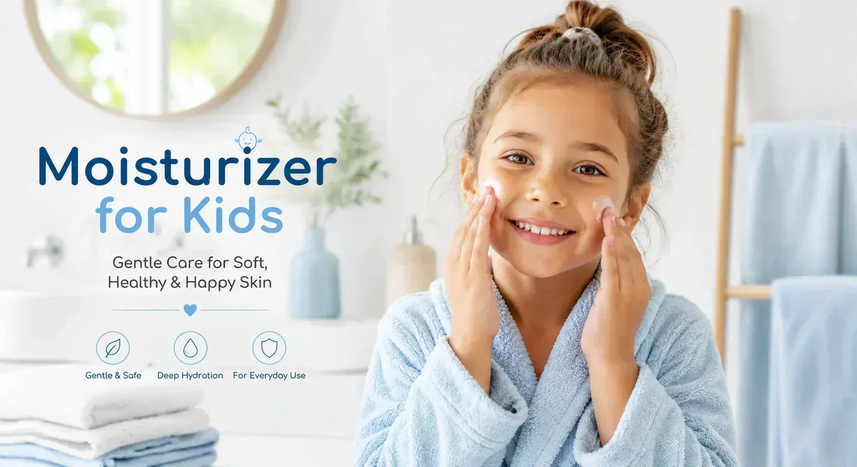 Happy child applying moisturizer in a bright modern bathroom with healthy glowing skin, family friendly skincare concept for moisturizer for kids banner.