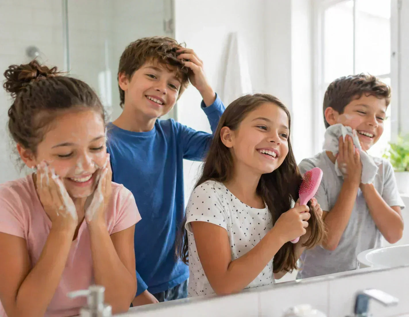 Happy teenagers practicing daily self-care routine in a bathroom